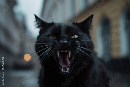 Angry black cat hissing at city street