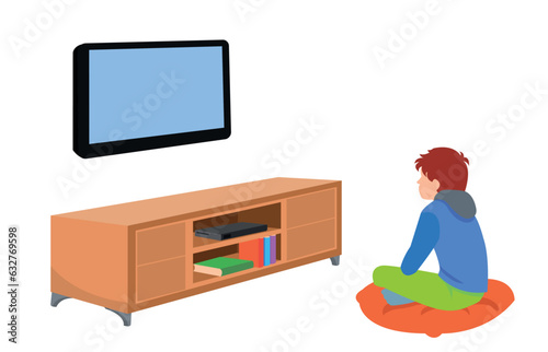 Happy family watching television together in living room.Children illustration in cartoon style