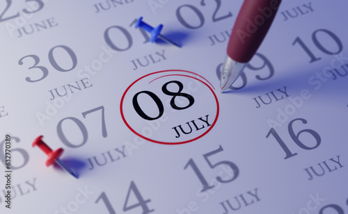 July 8th  Calendar date. close up a red circle is drawn on July 8th to remember important events