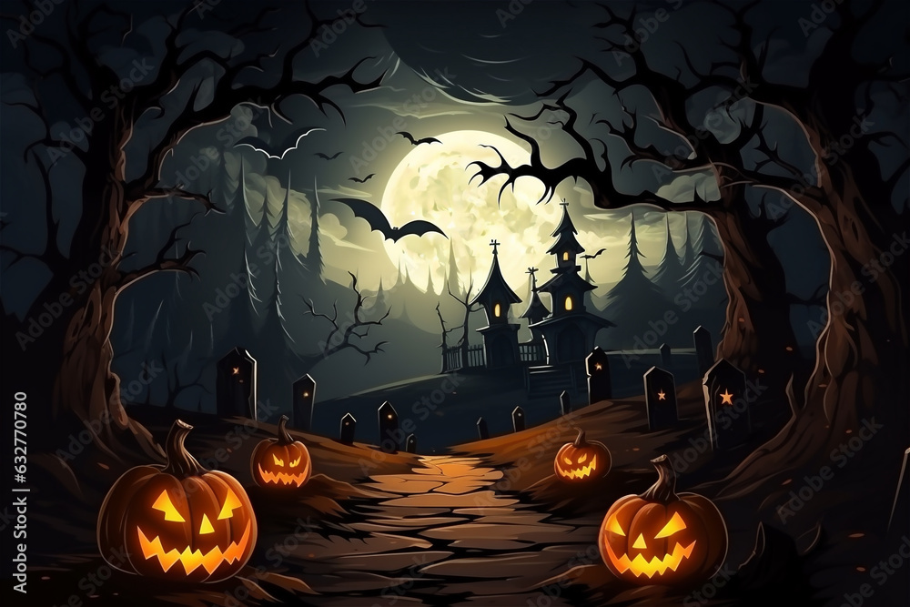 Fototapeta premium Halloween woods, trees, bats and pumpkins under full moon at night