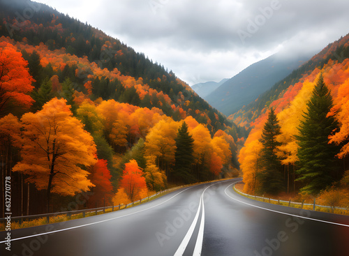 Autumn Wonderland: Scenic Forest Drive. generative AI