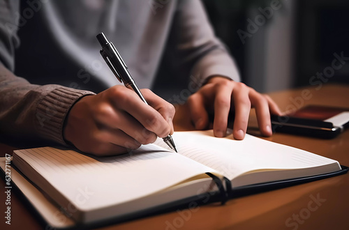 Close up, person writing on a book, paper sheet, writing letter, notes, journal, planning agenda.