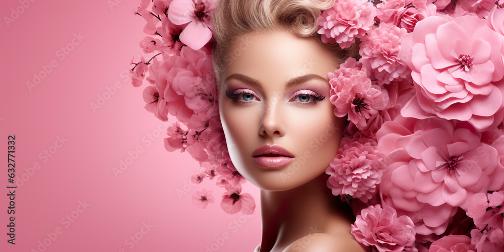 Abstract portrait of woman with flowers over her head on pink background. Fancy banner for presenting products with naturalness. Generative AI
