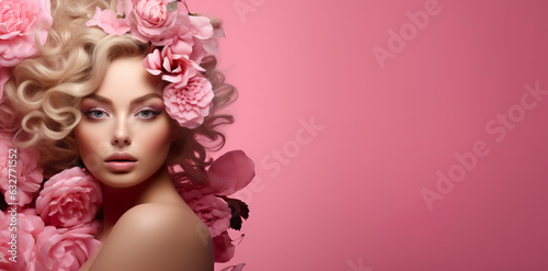 Abstract portrait of woman with flowers over her head on pink background. Fancy banner for presenting products with naturalness. Generative AI