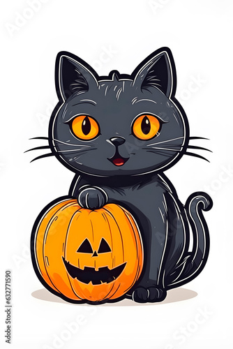 black cat on a white background with halloween pumpkins © Ocharonata
