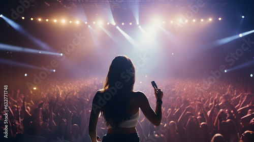 a beautiful female pop star singer giving music concert performance in a huge crowded stadium 