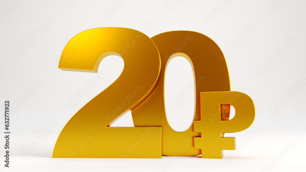 3D render of gold twenty ruble isolated on white background, golden russian money 20 ruble