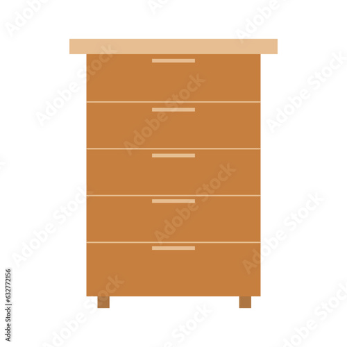Storage furniture set in the living room. A tall brown chest of drawers with drawers. Interior design concept. Vector flat illustration...
