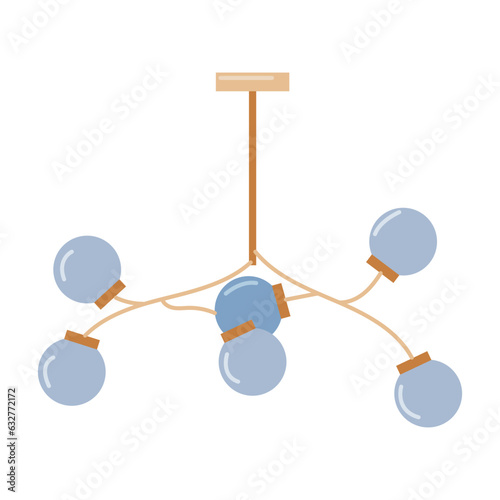 Lighting devices for decorating any home interior. Ceiling chandelier with lampshade balls. Interior design. Vector flat illustration...