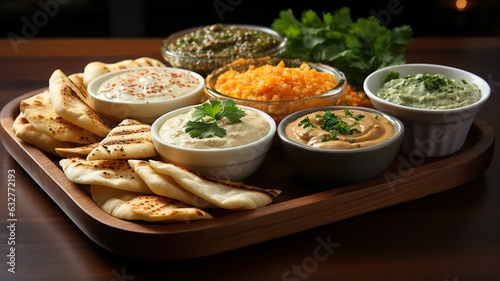 Wooden board showcasing a delightful ensemble of chickpea dip, chips, and sauce