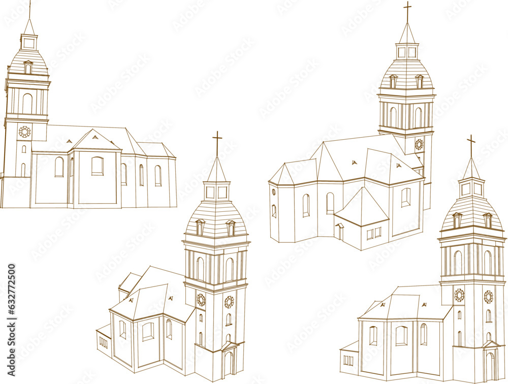 Sketch vector illustration of vintage classic old holy church design with high tower