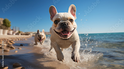 White French Bulldog is seen standing on the sunny beach © Putra