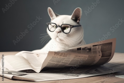 Cat wearing eyeglasses and reading newspaper on a wooden table. Generative AI