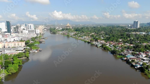 Beautiful aerial view of water body between two residential islands in Malaysia