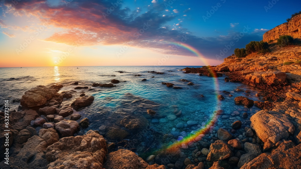 beautiful rainbow on sea at  sunset sky  wild field and flowers  field nature landscape 