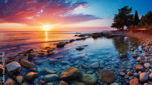 beautiful rainbow on sea at sunset sky wild field and flowers field nature landscape 