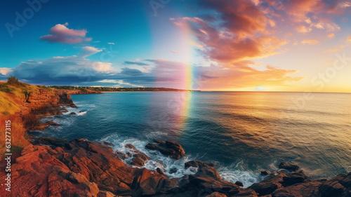 beautiful rainbow on sea at  sunset sky  wild field and flowers  field nature landscape 