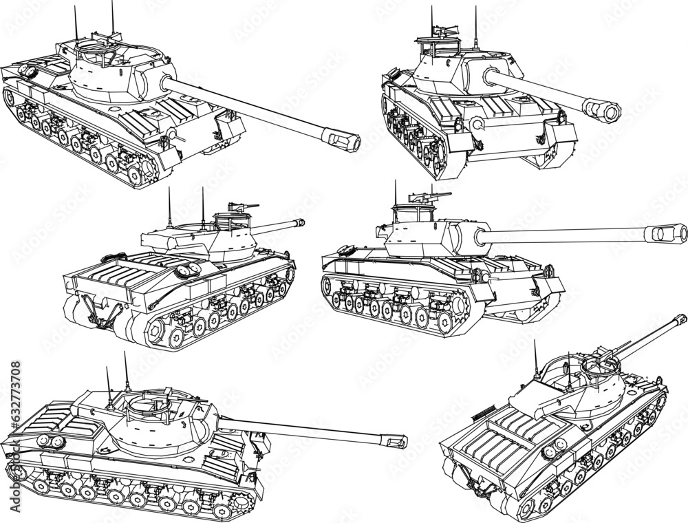 Vector illustration sketch of tank fighting equipment with long cannon