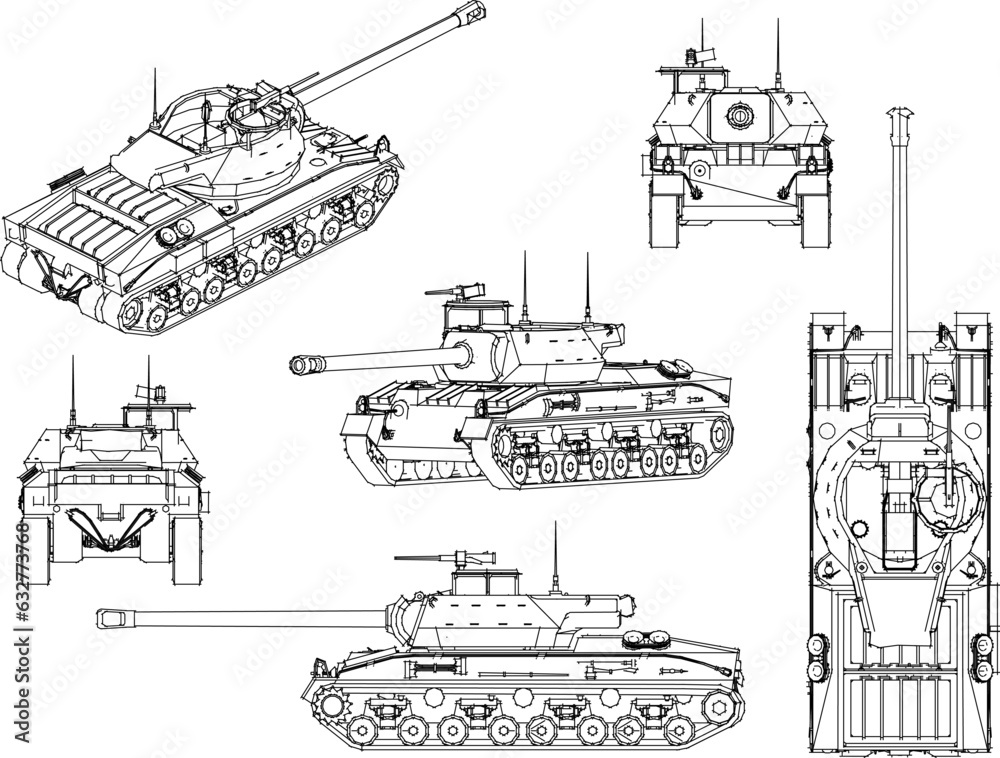 Vector illustration sketch of tank fighting equipment with long cannon
