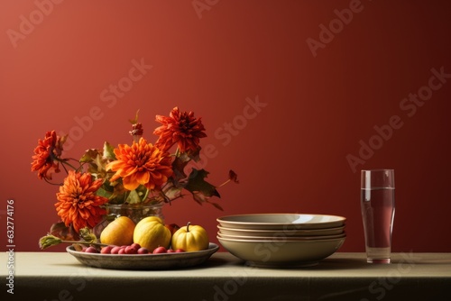 A table topped with a bowl of fruit and a vase of flowers. Autumn, Thanksgiving decor. Copy-space, place for text.