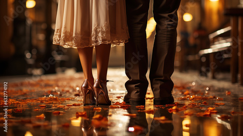 The feet of the newlyweds standing together on the floor
