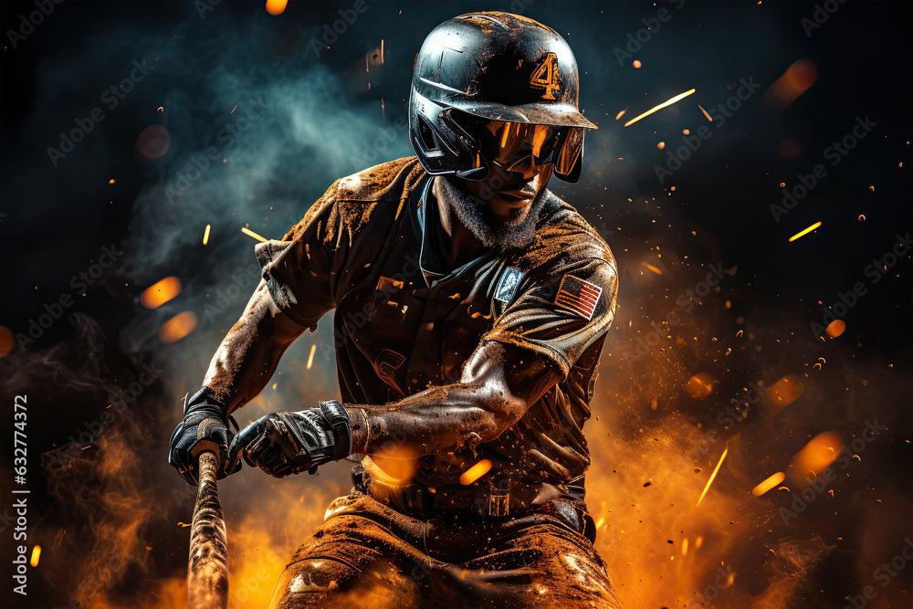 Photorealistic illustration of baseball player swinging a bat, surrounded by sparks and smoke.
This image was created using AI generative technology. Photorealistic illustration of baseball player swinging a bat, surrounded by sparks and smoke.
This image was created using AI generative technology.