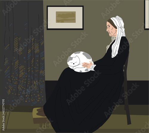 Whistler's mother in vector. vector illustration. An elderly woman is sitting on a chair. famous picture. American artist. mother in black dress. Elderly woman. Petting a cat
