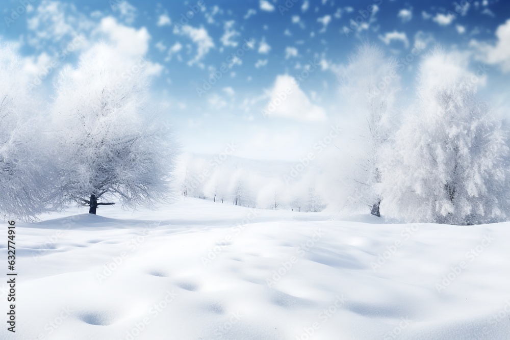 winter background of snow and frost with landscape of forest