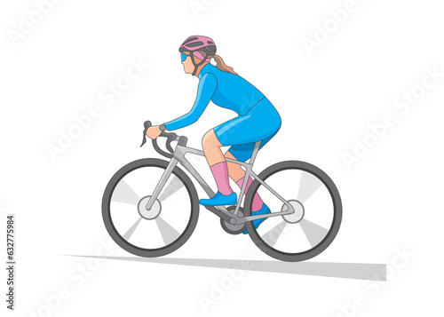 Woman in blue cycling clothes riding from side view vector illustration