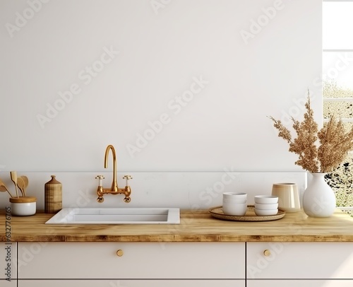 Wall mockup set in a Farmhouse style kitchen interior, 3D render. Created with Generative AI technology