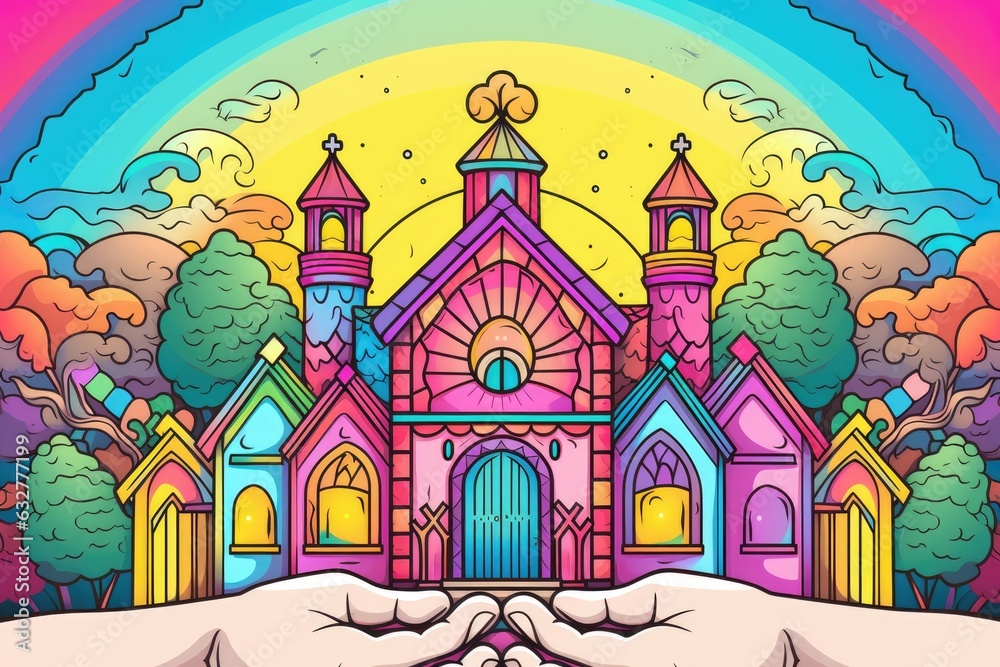 Two hands holding up a church in front of a rainbow colored sky. Digital image.