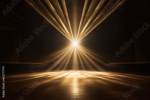 A light shines brightly in a dark room. Digital image. Empty stage mockup.