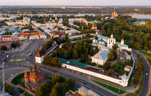 Bird's eye view of Yaroslavl in evening. Transfiguration of the Saviour Monastery can be seen from above.