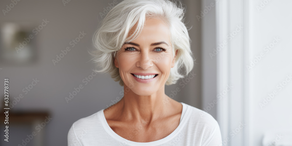 Smiling and elegant middle-aged woman conveying happiness and health to future generation longevity.