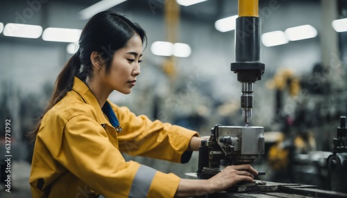 Asian woman technician working on metal drilling machine in factory