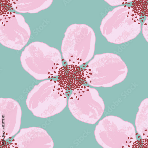 Colorful vector repeat pattern od blackberry flowers on a teal background