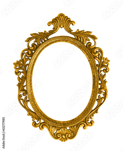 Golden oval baroque style picture frame isolated cutout on transparent photo