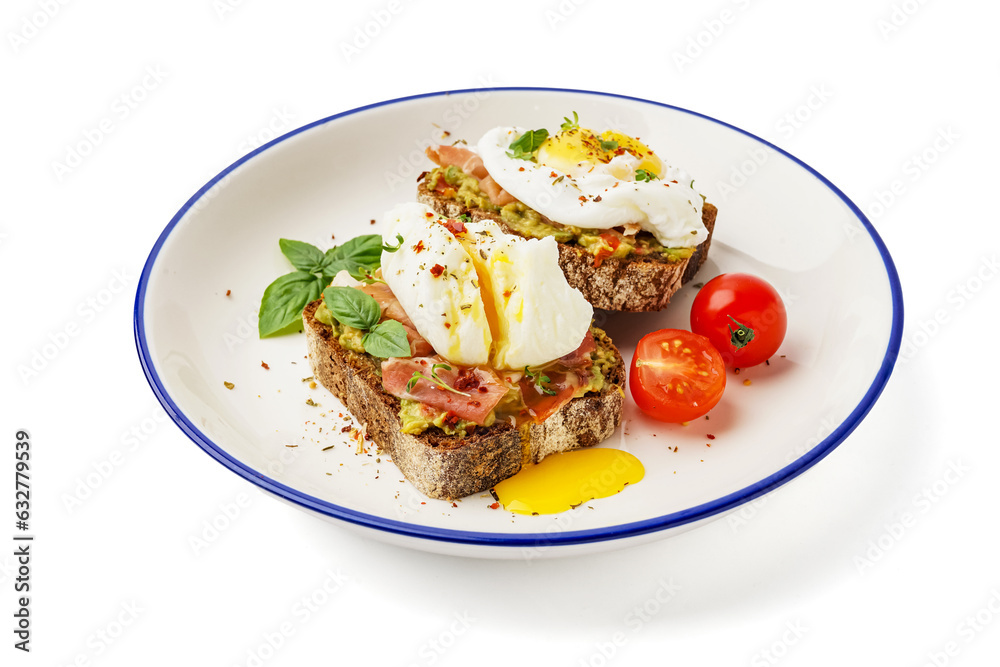 Plate of tasty sandwiches with egg on white background Plate of tasty sandwiches with egg on white background