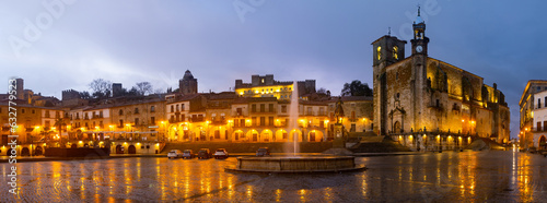 Illuminated Plaza Mayor in evening. Trujillo, Province of Caceres, Spain.