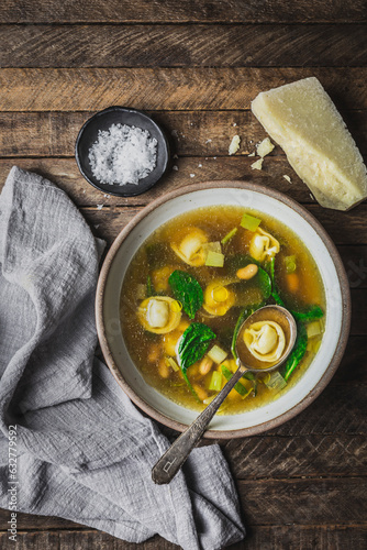 Tortellini and Spinach in broth with spoon_wide photo