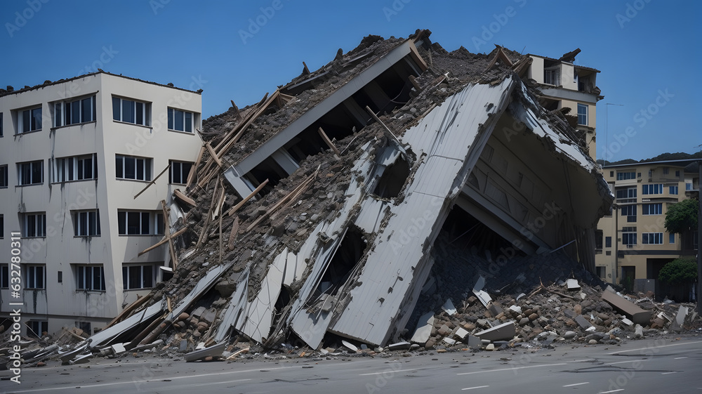 地震、倒壊した建物｜earthquake, collapsed building. Generative AI