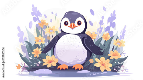 Vector illustration of a cute penguin in a field of flowers