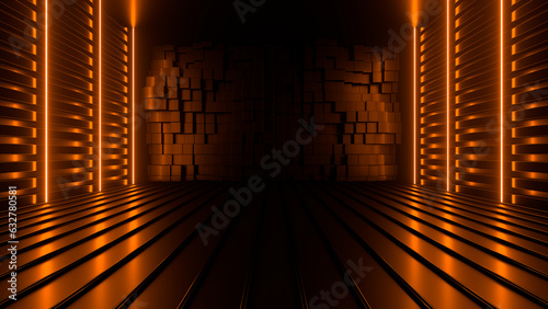 Fototapeta Naklejka Na Ścianę i Meble -  Sci Fy neon glowing lines in a dark tunnel. Reflections on the floor and ceiling. 3d rendering image. Abstract glowing lines. Techology futuristic background.