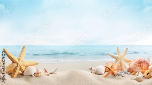 shells with corals and starfish on pure white sand