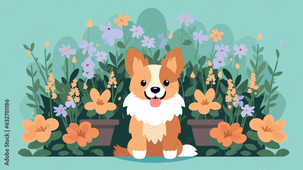 Fototapeta premium Vector illustration of a cute dog in a field of flowers