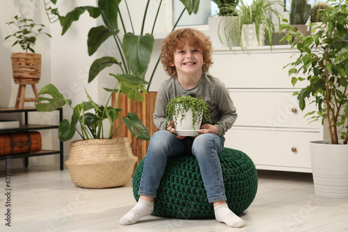 Cute little boy holding beautiful green plant at home. House decor