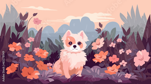 Vector illustration of a cute dog in a field of flowers