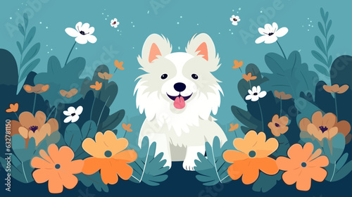 Vector illustration of a cute dog in a field of flowers
