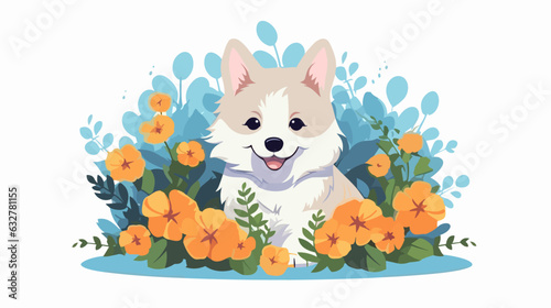 Vector illustration of a cute dog in a field of flowers