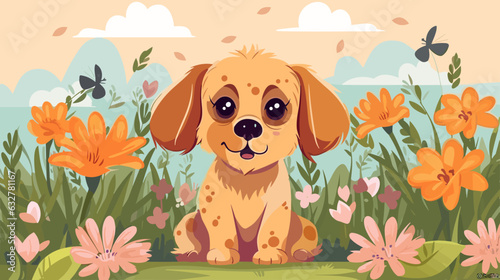Vector illustration of a cute dog in a field of flowers